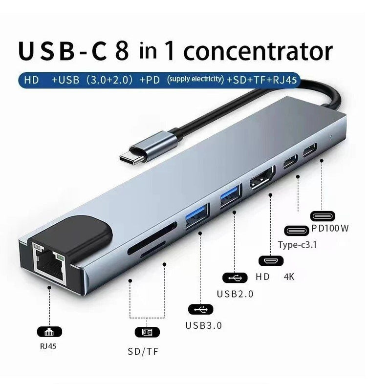 Usb 8 In 1 Hub Adapter Type C 3 1 To 4k HdTV With Sd Tf Rj45 Card Reader