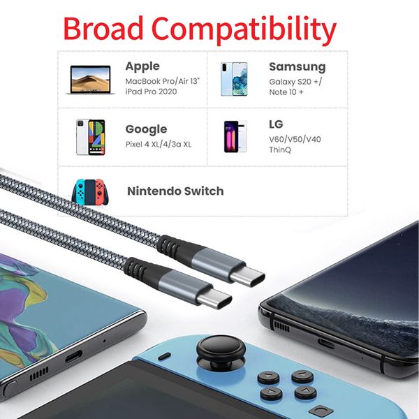 65W 3A Fast Charging Cable, USB C to USB-C 1m/2m, Nylon Data Cable