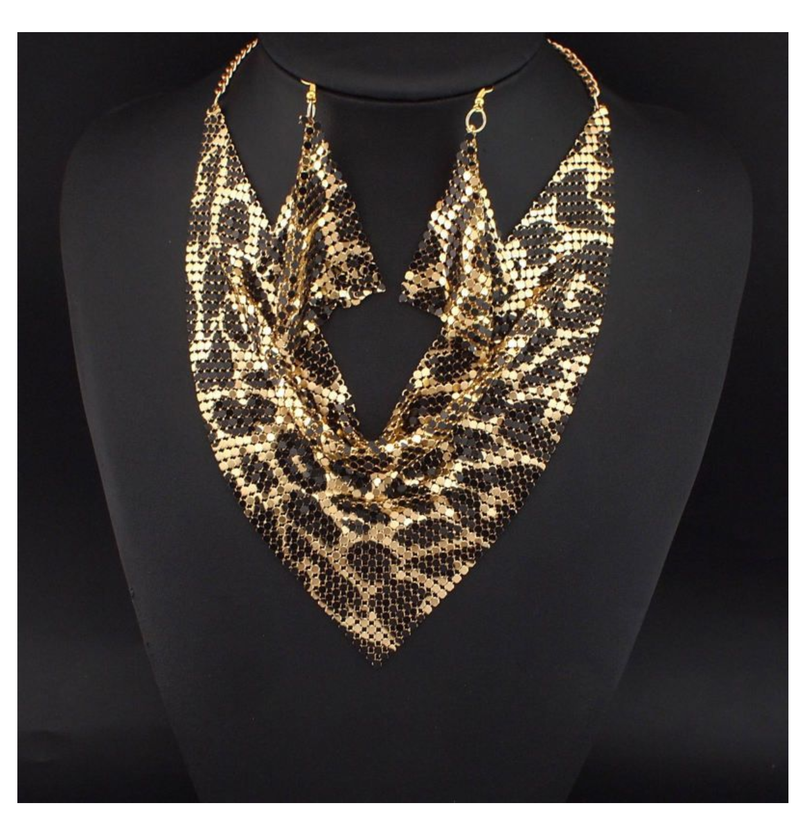 Fashion Leopard Print Jewelry Set Bib Necklace & Dangle Earrings Set