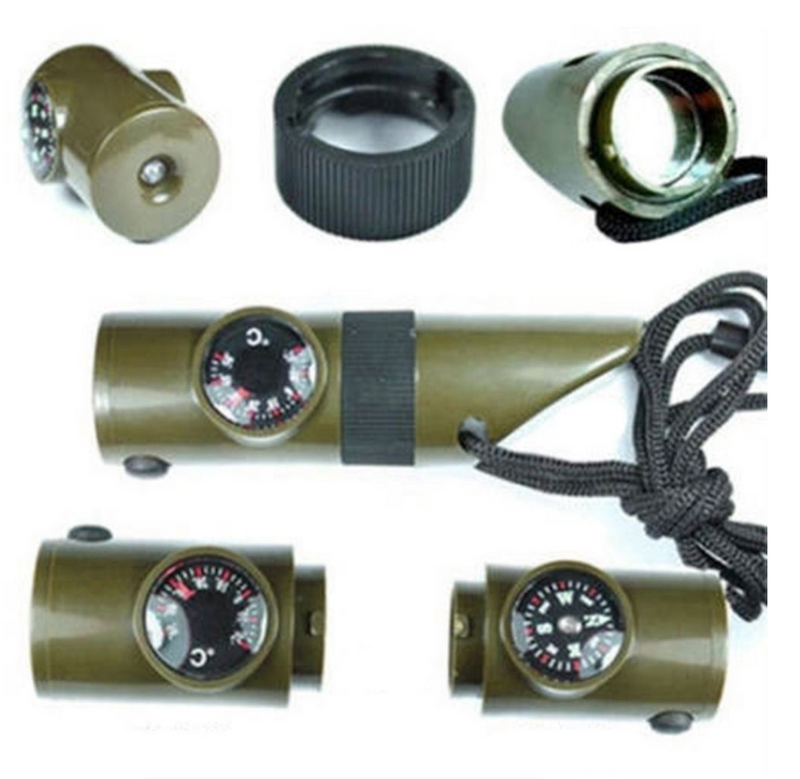 7 in 1 Jungle Survival Whistle Hiking Whistle Compass Mirror Flashlight