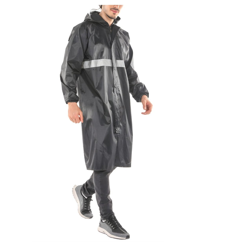 Men Raincoat with Hat Shiny Reflective Strip Long Coat Outdoor Rain Suit