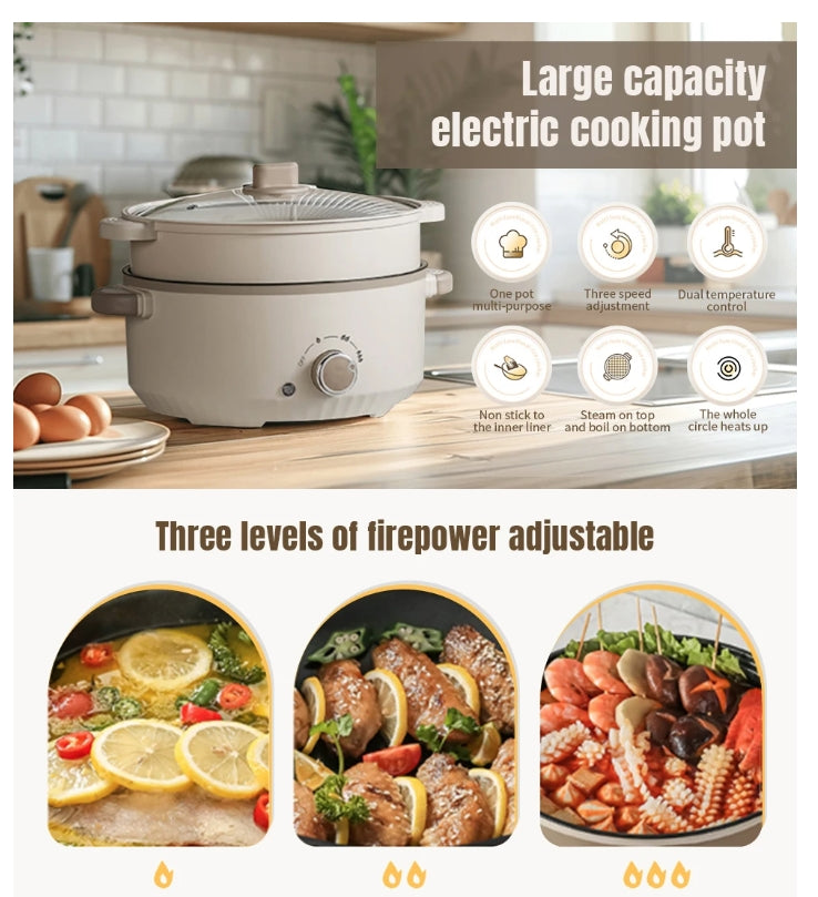 Electric Cooker 3L Hot Pot Electric with Steamer Non-stick Pot Dual Power