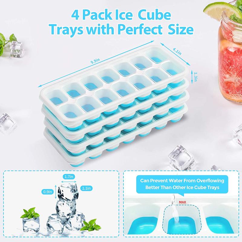4-pack ice cube trays, easy to remove silicone and flexible 14 ice cub