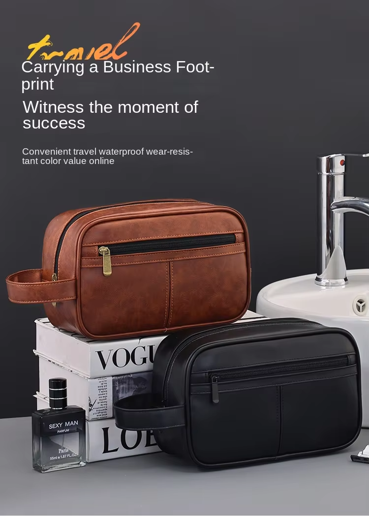 Contrast Color Men's PU Wash Bag Medium Capacity Waterproof Zipper Closure Side Handle Portable Cosmetic Storage Travel Fitness