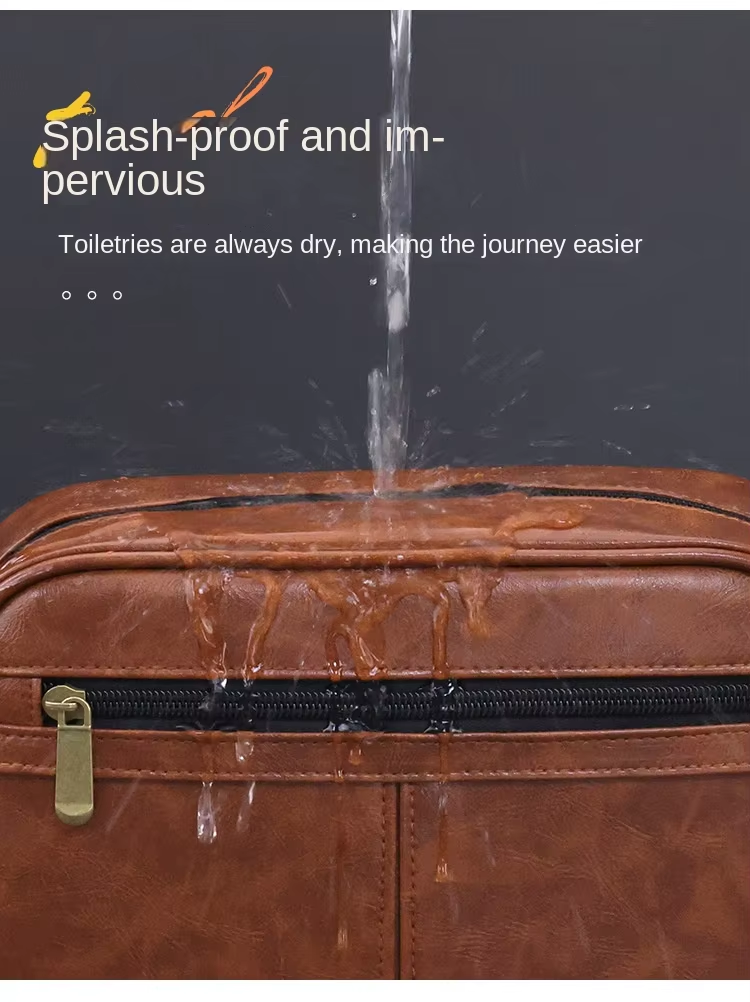 Contrast Color Men's PU Wash Bag Medium Capacity Waterproof Zipper Closure Side Handle Portable Cosmetic Storage Travel Fitness
