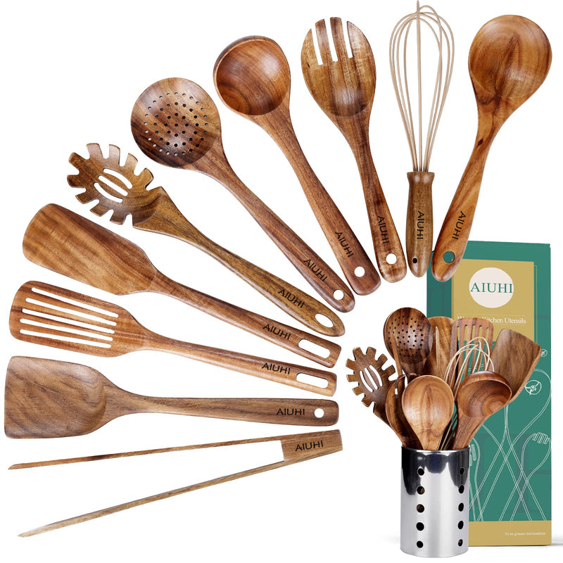 10-Piece Teak Wood Kitchen Utensil Set, Non-Scratch Wooden Cooking Tools with Holder