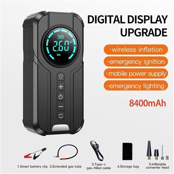 4In1 Car Emergency Booster, Tire Inflator, Power Bank, Flashlight & Glove