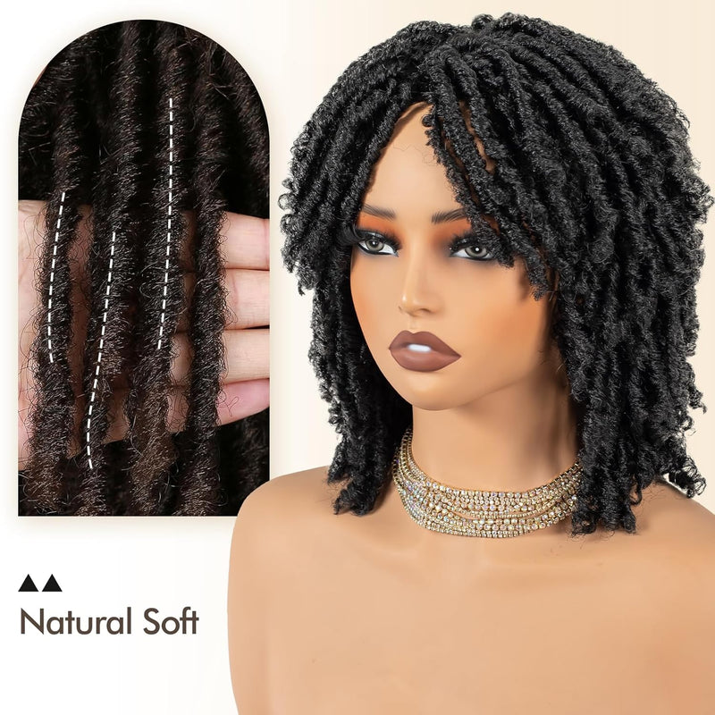 Short Synthetic Dreadlock Wig for Black Woman, Afro Curly Faux Locs Braided Hair with Glueless Realistic Twist - Crochet Braided Wig Black）