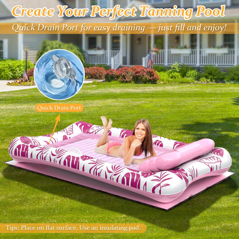 Inflatable Tanning Pool Float with Headrest & Cup Holder, 83.5" Large Size for Adults