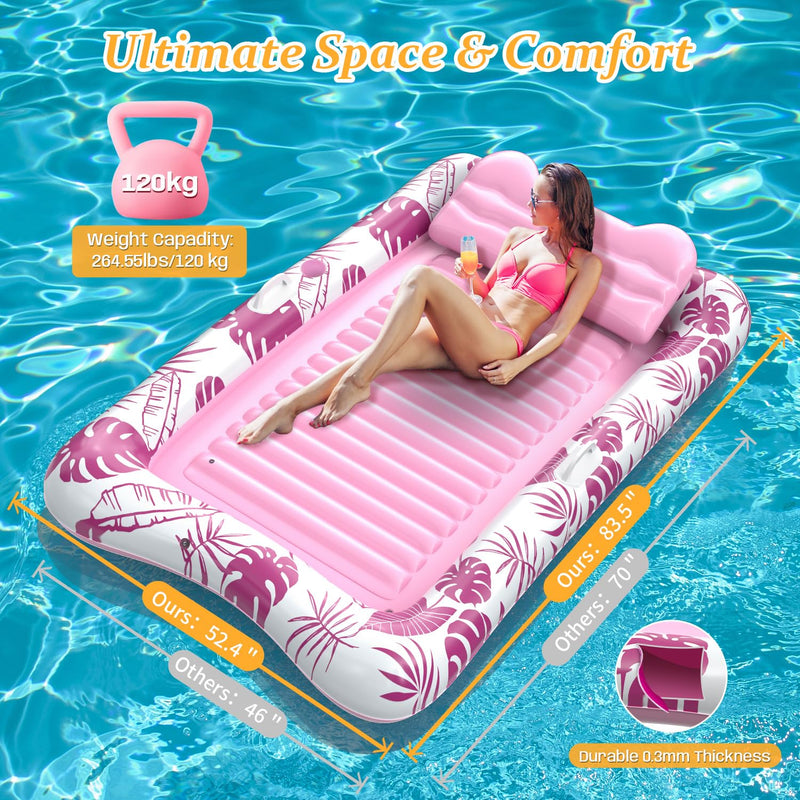 Inflatable Tanning Pool Float with Headrest & Cup Holder, 83.5" Large Size for Adults