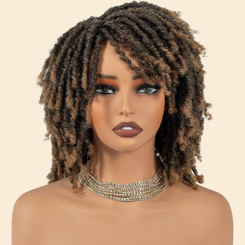 Short Synthetic Dreadlock Wig for Black Woman, Afro Curly Faux Locs Braided Hair with Glueless Realistic Twist - Crochet Braided Wigs