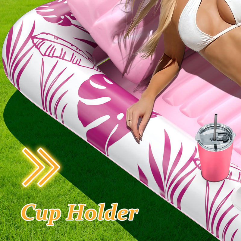 Inflatable Tanning Pool Float with Headrest & Cup Holder, 83.5" Large Size for Adults