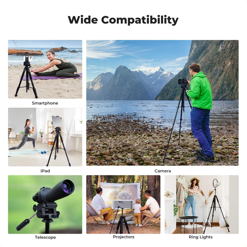 75" Camera Tripod, Aluminum Tripod Stand with 3-Way Pan Head & Bluetooth Remote