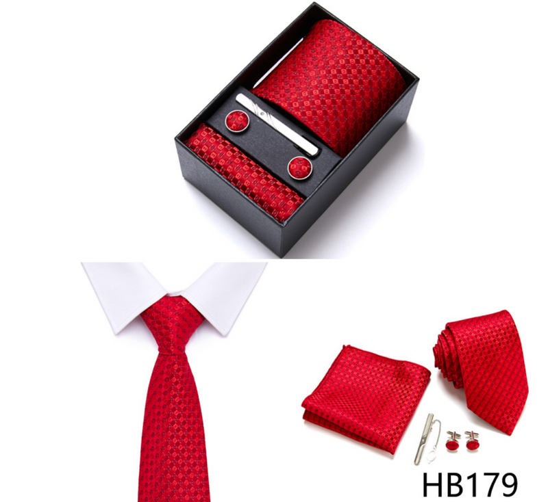 Fashion Elegant Men's Necktie Gift Box Striped Tie Handchief Cufflink Tie Clip Set