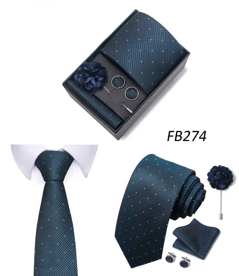Men Ties Set Color Necktie Handkerchief Cufflinks Brooch Formal