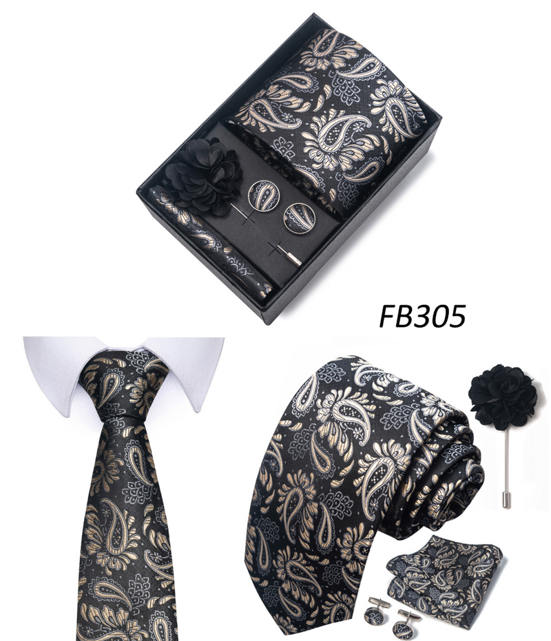 Ties Set Men Color Necktie Handkerchief Cufflinks Brooch Formal