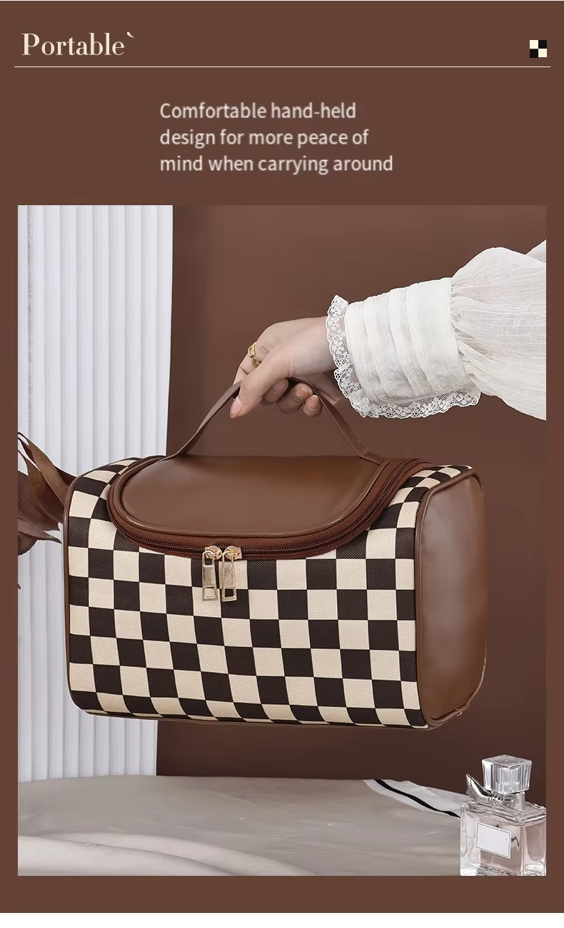 Handheld and Portable Checkerboard Patterned Makeup Bag with Large Capacity and Mesh Compartment