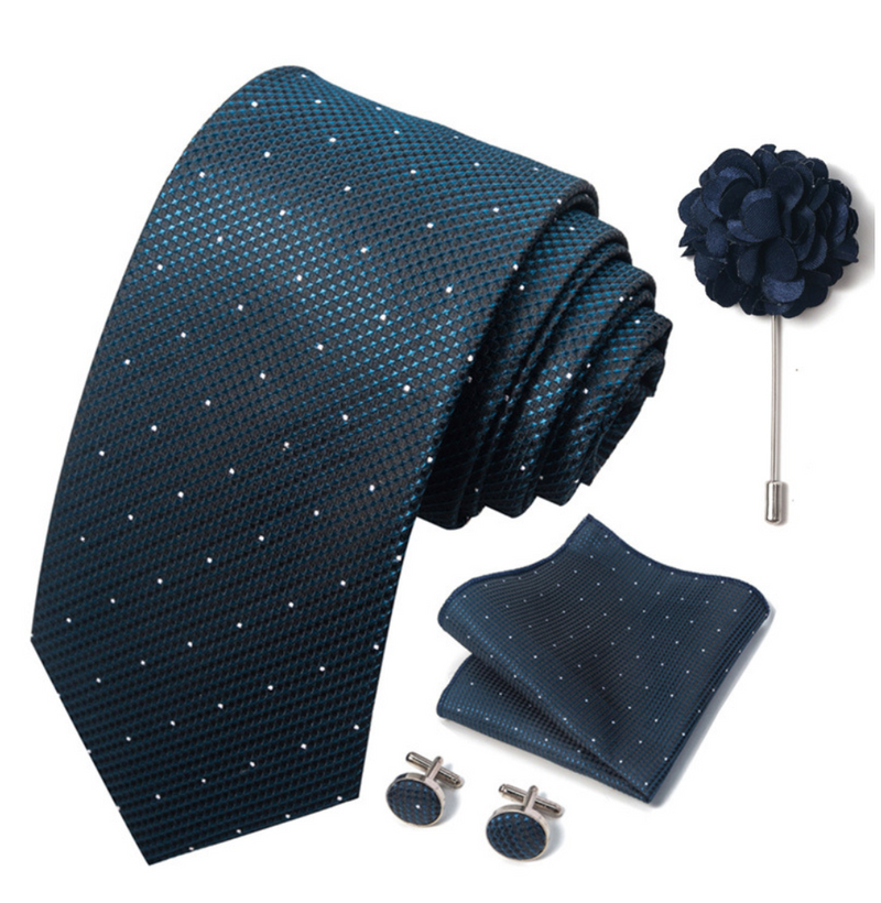Men Ties Set Color Necktie Handkerchief Cufflinks Brooch Formal