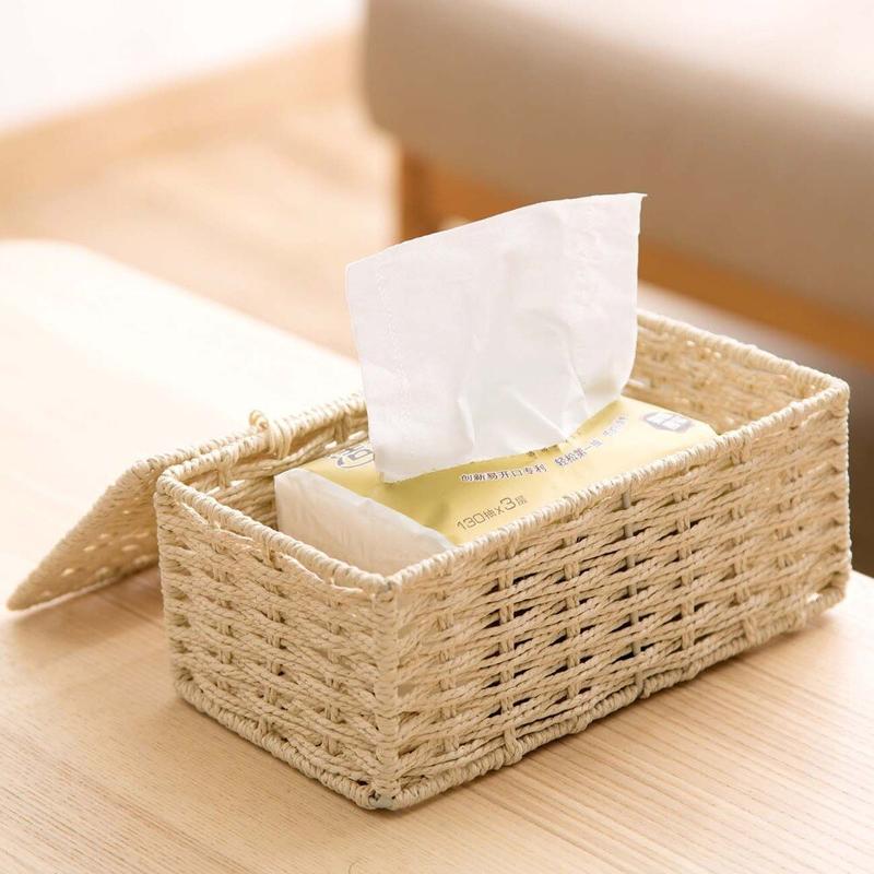 Vintage Rattan Fabrics Napkin Box Container With Lid