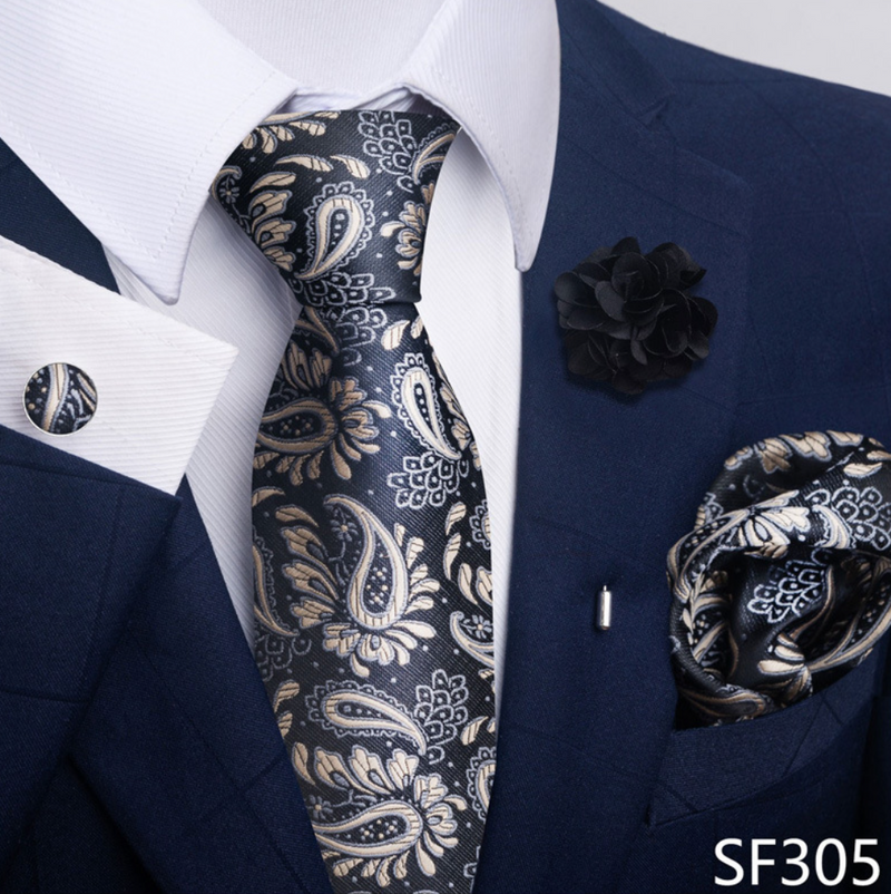 Ties Set Men Color Necktie Handkerchief Cufflinks Brooch Formal