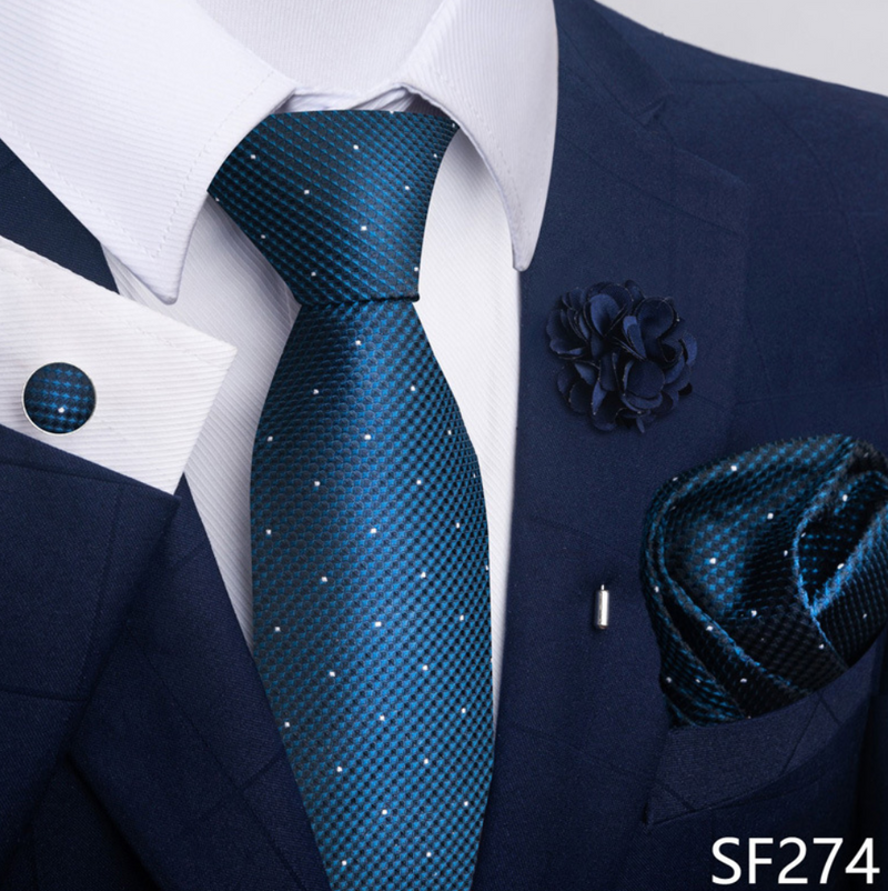 Men Ties Set Color Necktie Handkerchief Cufflinks Brooch Formal