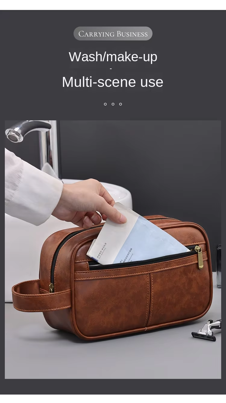 Contrast Color Men's PU Wash Bag Medium Capacity Waterproof Zipper Closure Side Handle Portable Cosmetic Storage Travel Fitness