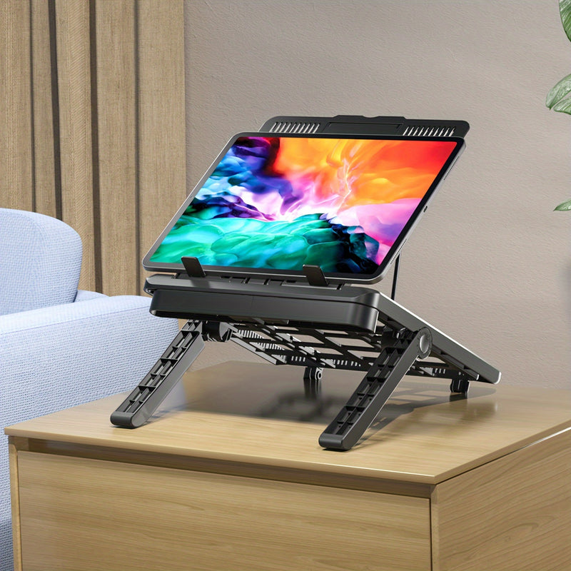 Adjustable Laptop Stand with Cooling Fan & Phone Holder, Ergonomic Foldable Laptop Riser for Desk, Portable Notebook Stand with Heat Vent for 10-17 inch Laptops