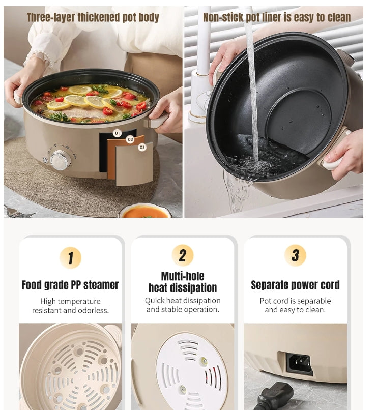 Electric Cooker 3L Hot Pot Electric with Steamer Non-stick Pot Dual Power