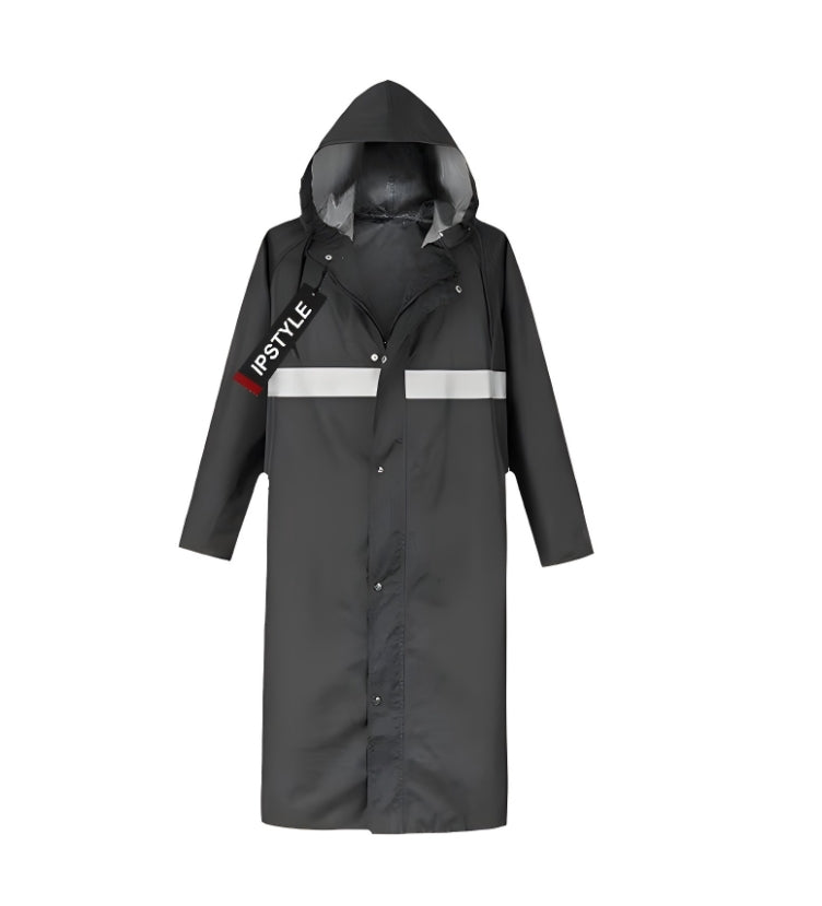 Men Raincoat with Hat Shiny Reflective Strip Long Coat Outdoor Rain Suit