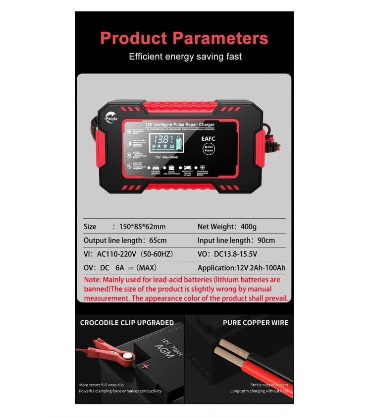 Car Battery Charger 12V 6A Pulse Repair LCD Display Smart Fast Charger