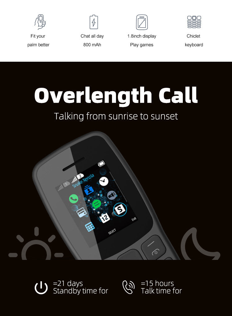 Feature Phone 1.77" Display 800mAh Battery Dual SIM Dual Standby Strong Torch MP3 MP4 FM Radio Bluetooth GPRS