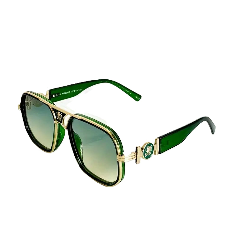 Men's Premium Elegant Square Sunglasses – Green Frame with Unique Temples, UV400 Protection for Daily & Outdoor Use
