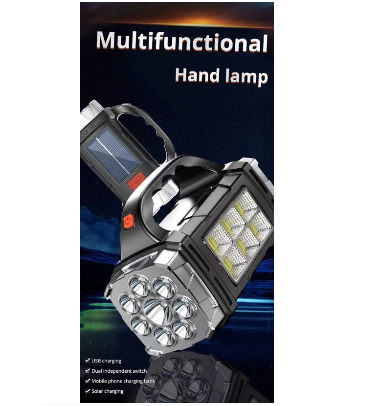 LED Flashlight USB+Solar Rechargeable Flashlight COB Outdoor Camping