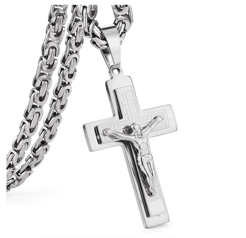 Jesus Christ Cross Pendant Necklace Stainless Steel Byzantine Chain Jewelry