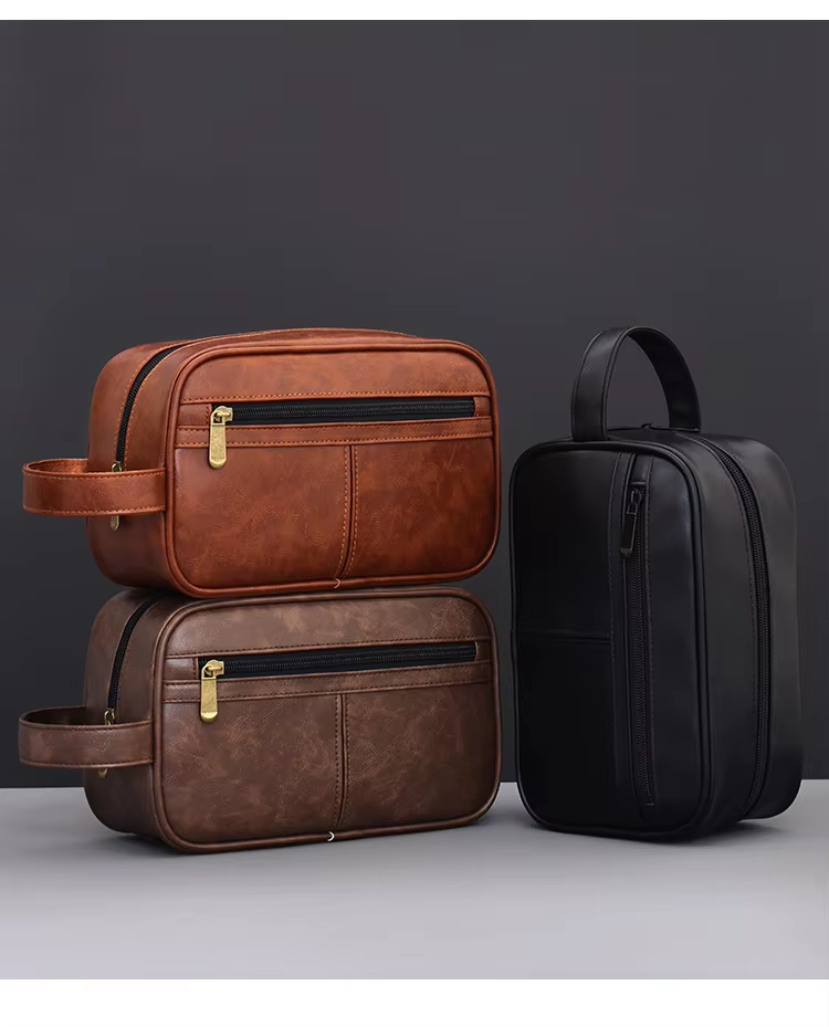 Contrast Color Men's PU Wash Bag Medium Capacity Waterproof Zipper Closure Side Handle Portable Cosmetic Storage Travel Fitness