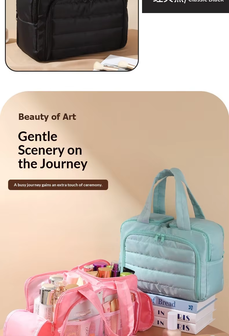 Fashionable Simple Woman Open Nylon Multi-layer Antibacterial Makeup Bag 2025 New Model Portable Lightweight Large-Capacity