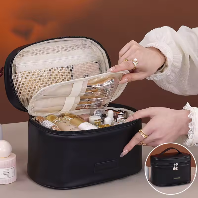 Womans Fashion Luxury Genuine Large PU Leather Waterproof Makeup Cosmetic Case Travel Makeup Storage Bag