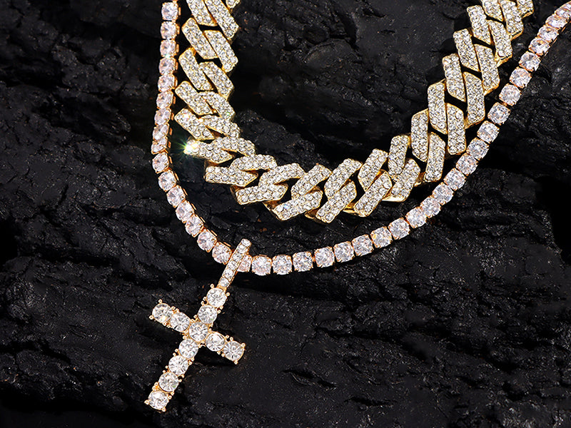Iced Out Zirconia Cuban Link Chain Necklace, Men Cross Pendant Necklace Set, Hip Hop Bling for Men