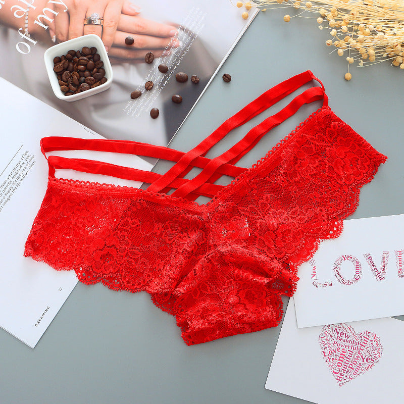 Hollow Rose Jacquard Triangle Pants Transparent Cross Ribbon Underwear