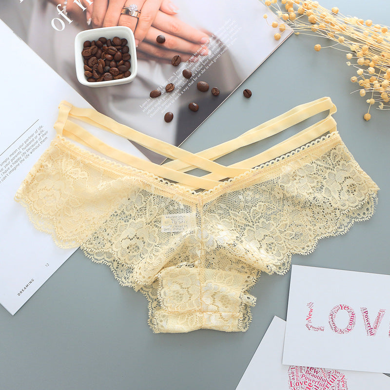Hollow Rose Jacquard Triangle Pants Transparent Cross Ribbon Underwear