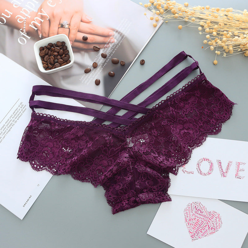 Hollow Rose Jacquard Triangle Pants Transparent Cross Ribbon Underwear