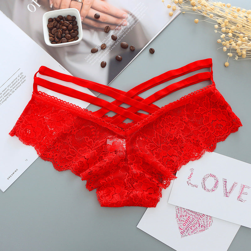Hollow Rose Jacquard Triangle Pants Transparent Cross Ribbon Underwear