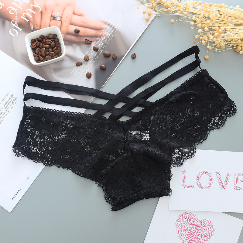 Hollow Rose Jacquard Triangle Pants Transparent Cross Ribbon Underwear