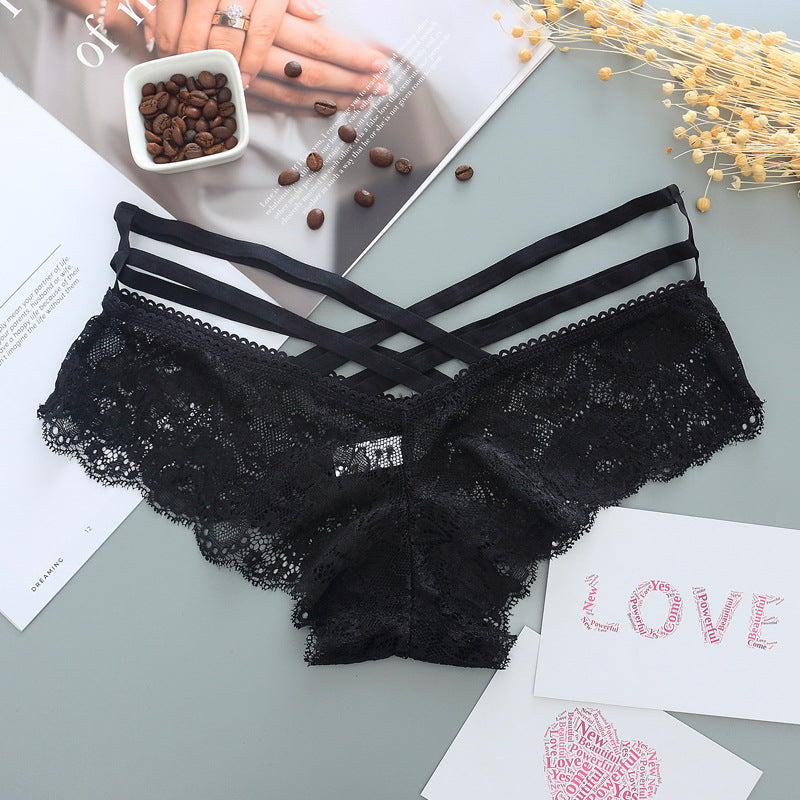 Hollow Rose Jacquard Triangle Pants Transparent Cross Ribbon Underwear