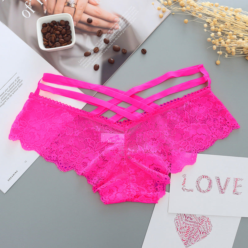Hollow Rose Jacquard Triangle Pants Transparent Cross Ribbon Underwear