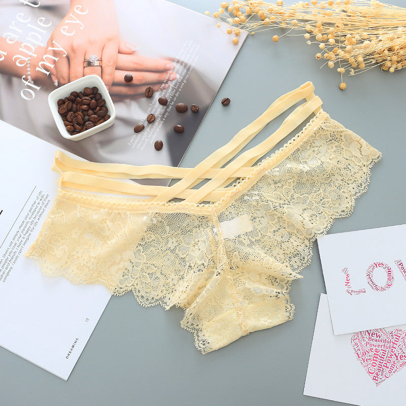 Hollow Rose Jacquard Triangle Pants Transparent Cross Ribbon Underwear
