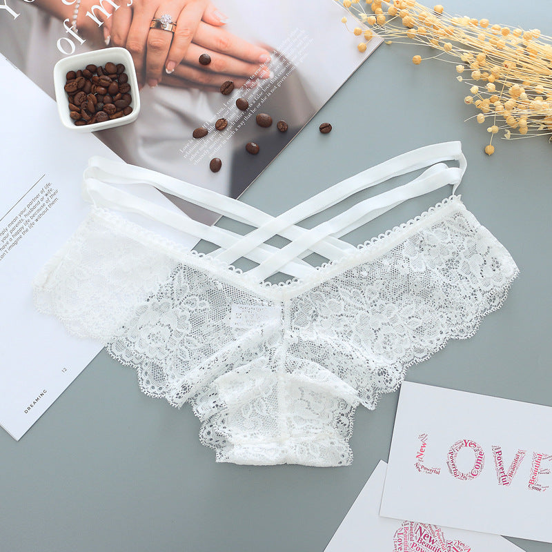 Hollow Rose Jacquard Triangle Pants Transparent Cross Ribbon Underwear