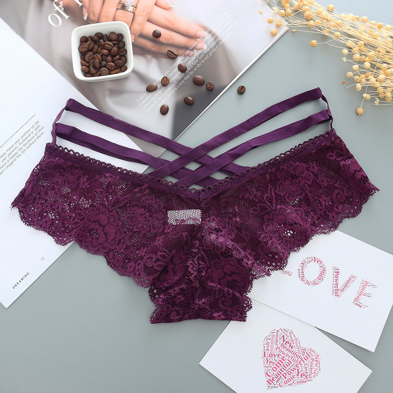 Hollow Rose Jacquard Triangle Pants Transparent Cross Ribbon Underwear