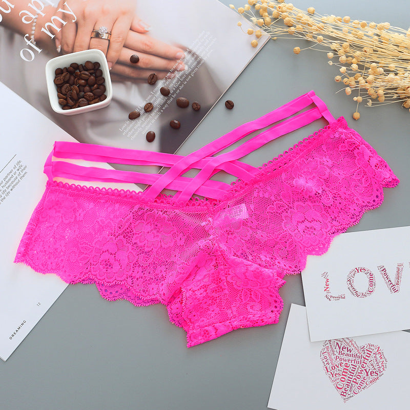 Hollow Rose Jacquard Triangle Pants Transparent Cross Ribbon Underwear