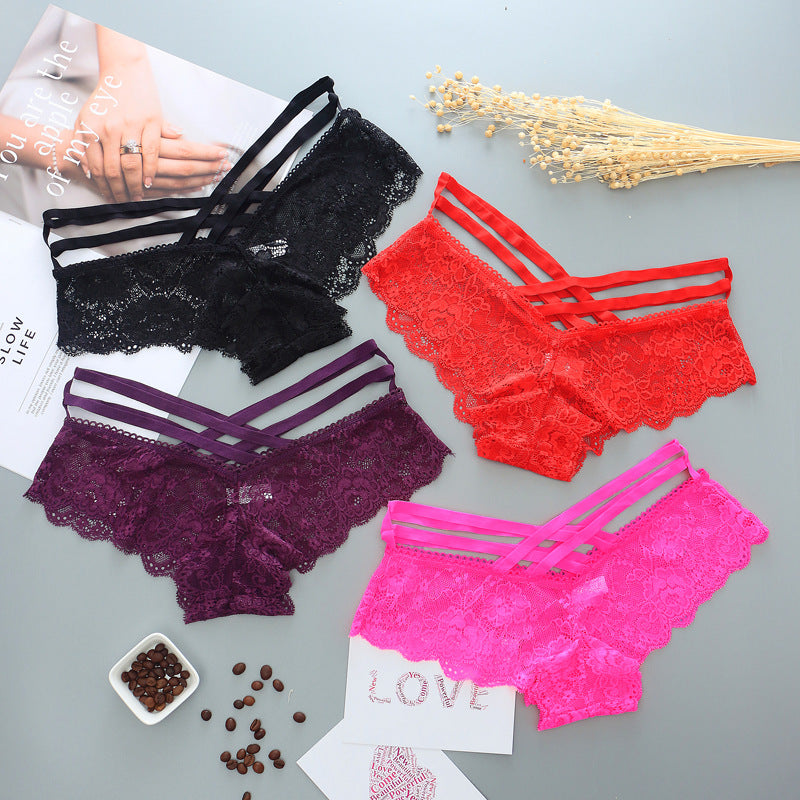 Hollow Rose Jacquard Triangle Pants Transparent Cross Ribbon Underwear